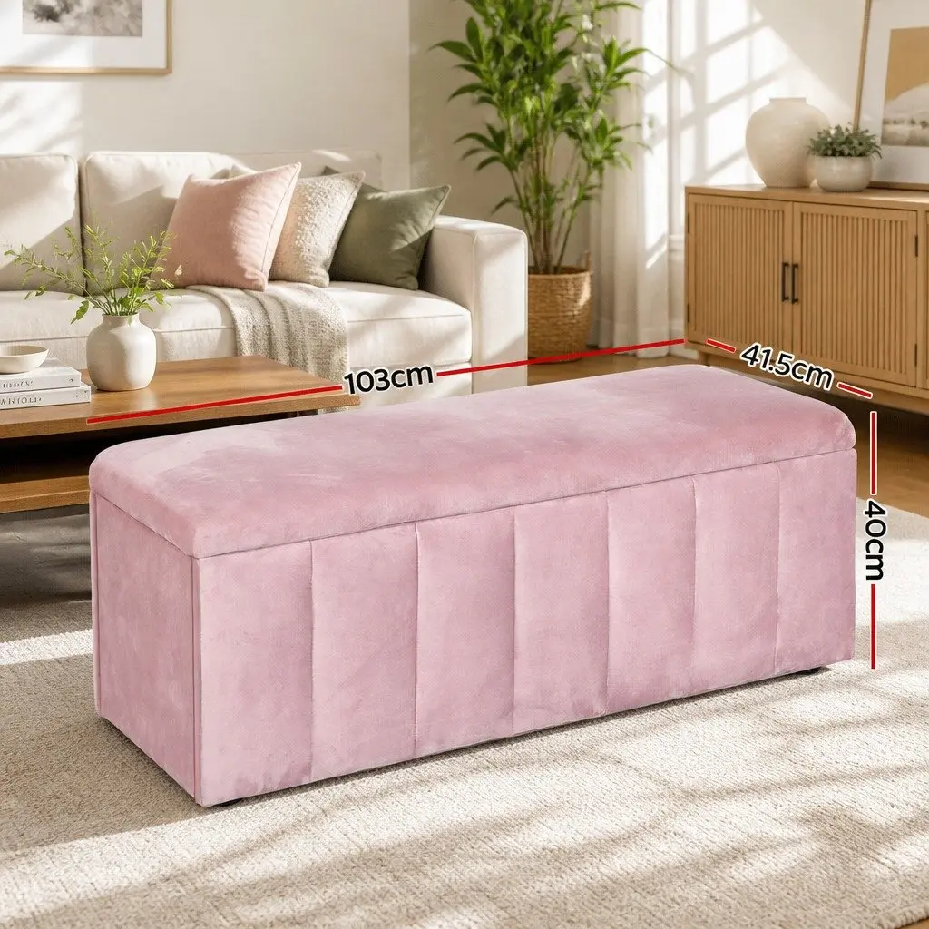 Storage Ottoman Blanket Box 103cm Pink Velvet Lift Top Bench Furniture