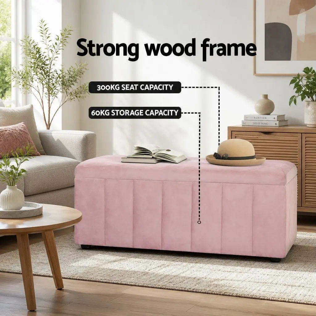 Storage Ottoman Blanket Box 103cm Pink Velvet Lift Top Bench Furniture