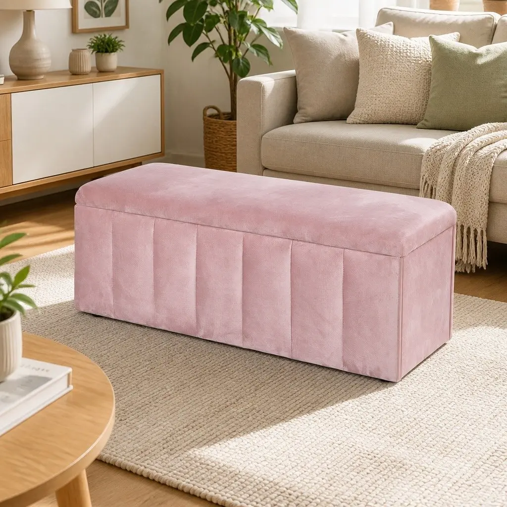 Storage Ottoman Blanket Box 103cm Pink Velvet Lift Top Bench Furniture