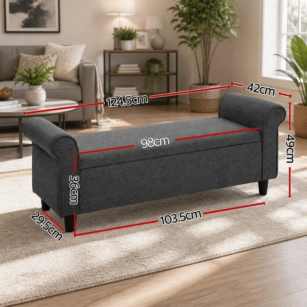 Storage Ottoman Grey 125cm Lift-up Lid Armrest Faux Linen Footstool