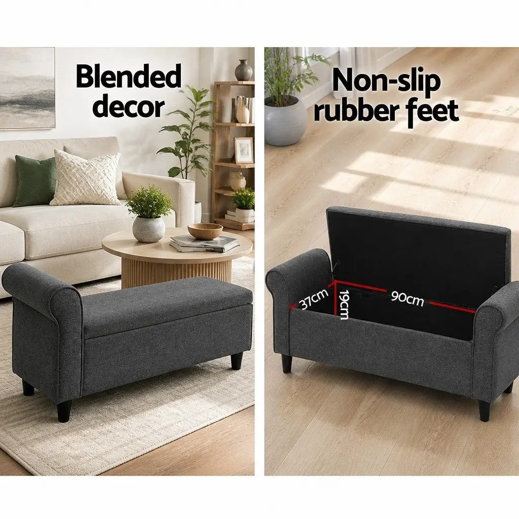 Storage Ottoman Grey 125cm Lift-up Lid Armrest Faux Linen Footstool
