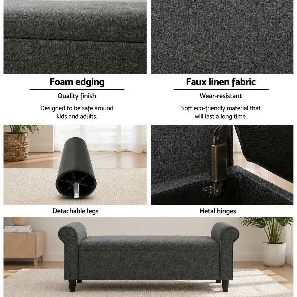Storage Ottoman Grey 125cm Lift-up Lid Armrest Faux Linen Footstool