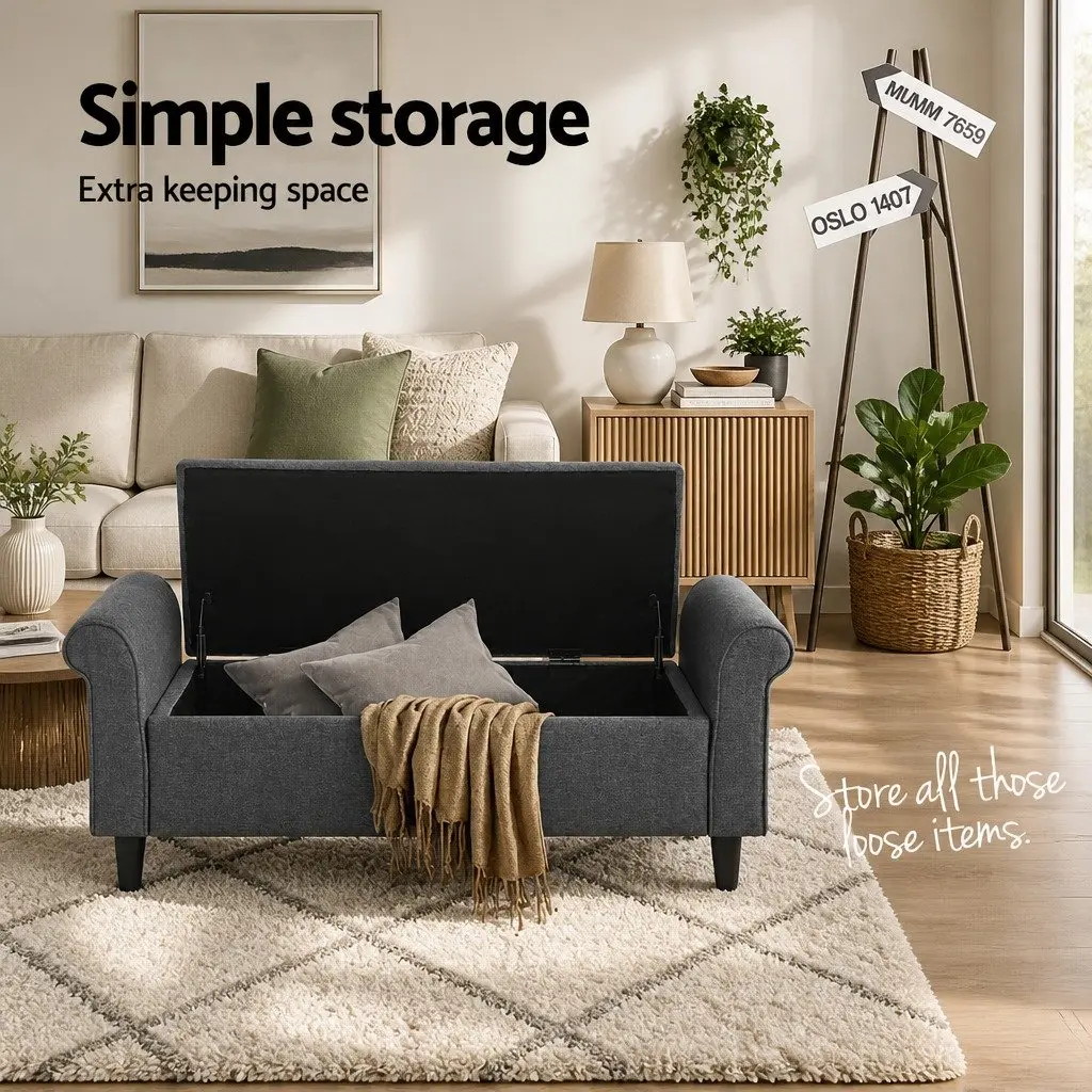 Storage Ottoman Grey 125cm Lift-up Lid Armrest Faux Linen Footstool