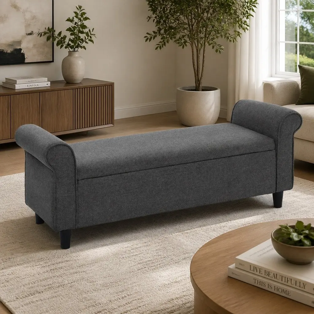 Storage Ottoman Grey 125cm Lift-up Lid Armrest Faux Linen Footstool
