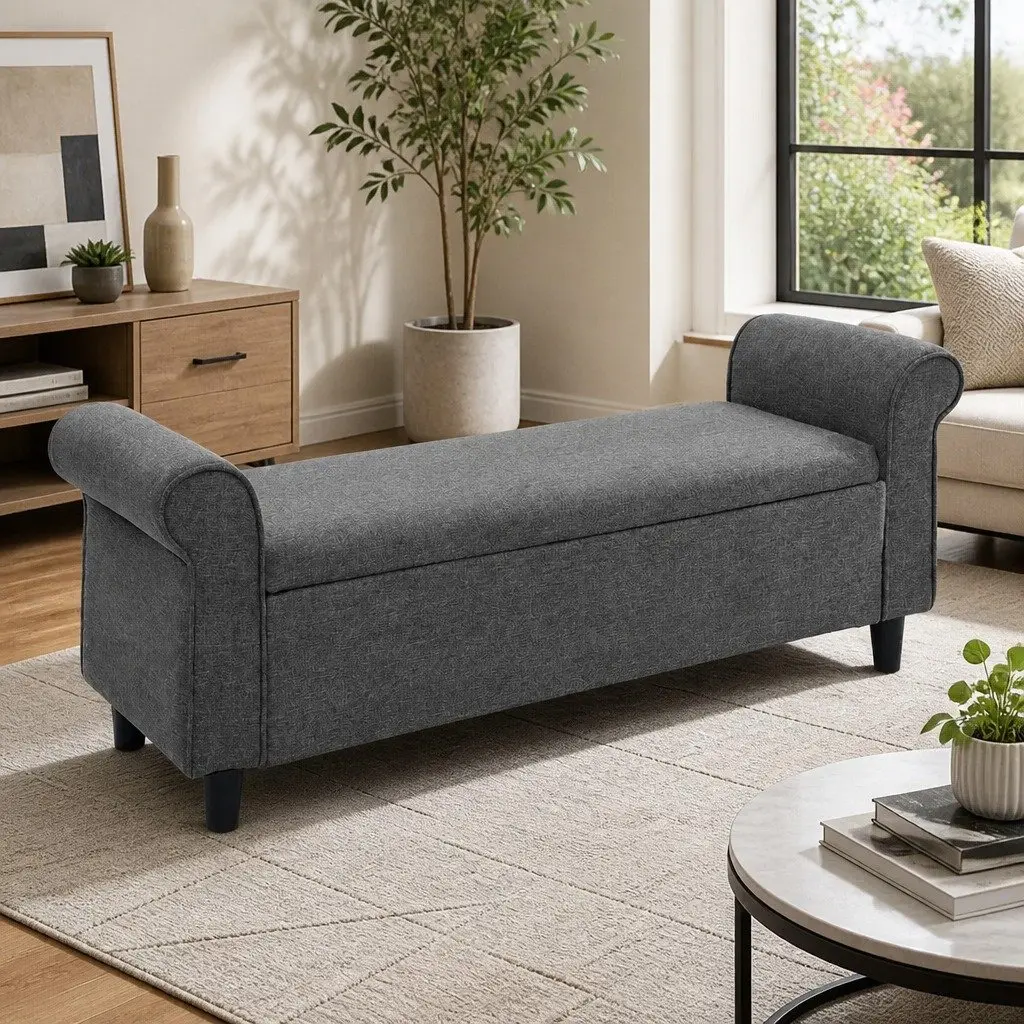 Storage Ottoman Grey 125cm Lift-up Lid Armrest Faux Linen Footstool