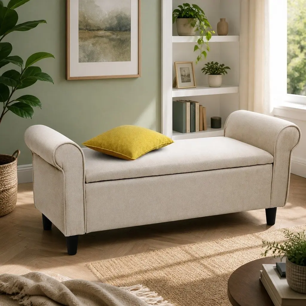 Storage Ottoman Taupe 125cm Lift-up Lid Faux Linen with Armrests