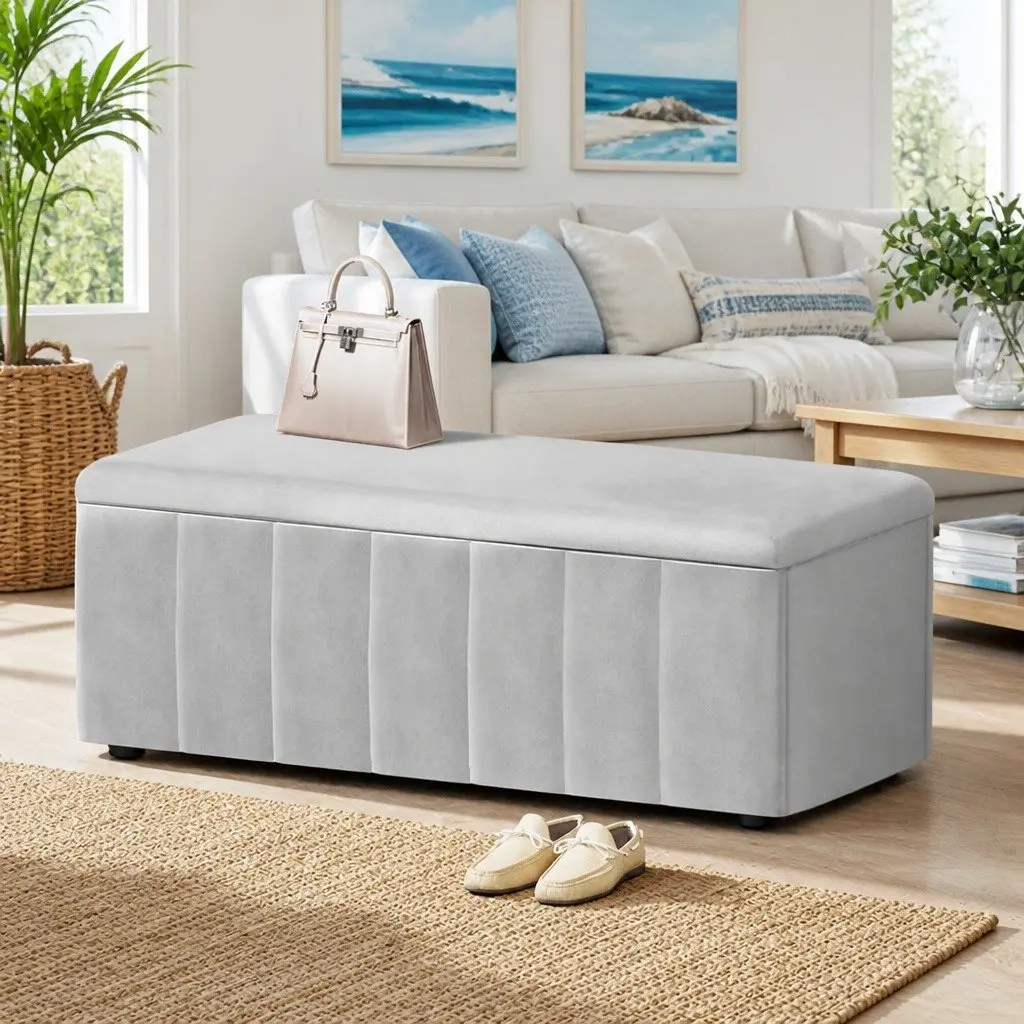 Storage Ottoman Grey 103cm Velvet Upholstered Seat with Spacious Internal Storage Compartment