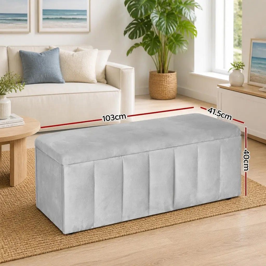 Storage Ottoman Grey 103cm Velvet Upholstered Seat with Spacious Internal Storage Compartment