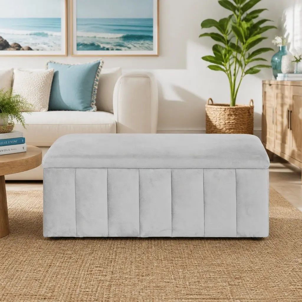 Storage Ottoman Grey 103cm Velvet Upholstered Seat with Spacious Internal Storage Compartment