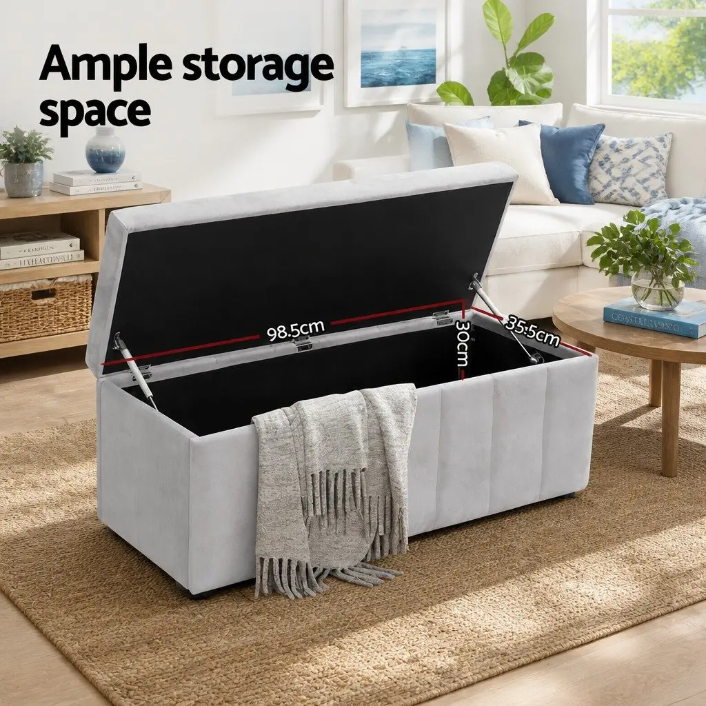 Storage Ottoman Grey 103cm Velvet Upholstered Seat with Spacious Internal Storage Compartment