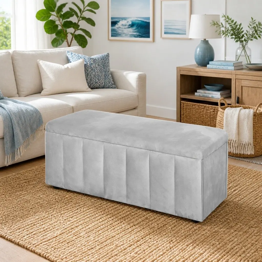 Storage Ottoman Grey 103cm Velvet Upholstered Seat with Spacious Internal Storage Compartment