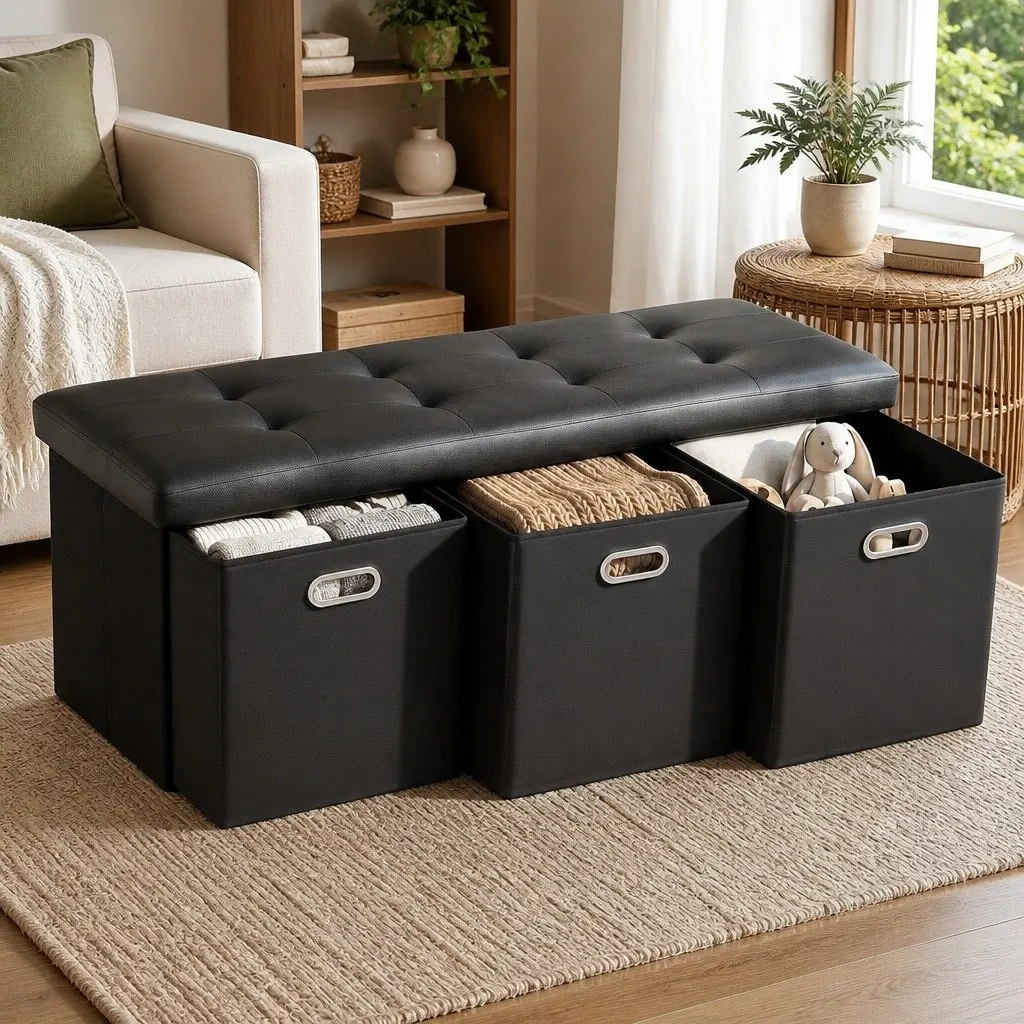 Black Storage Ottoman with 3 Drawers