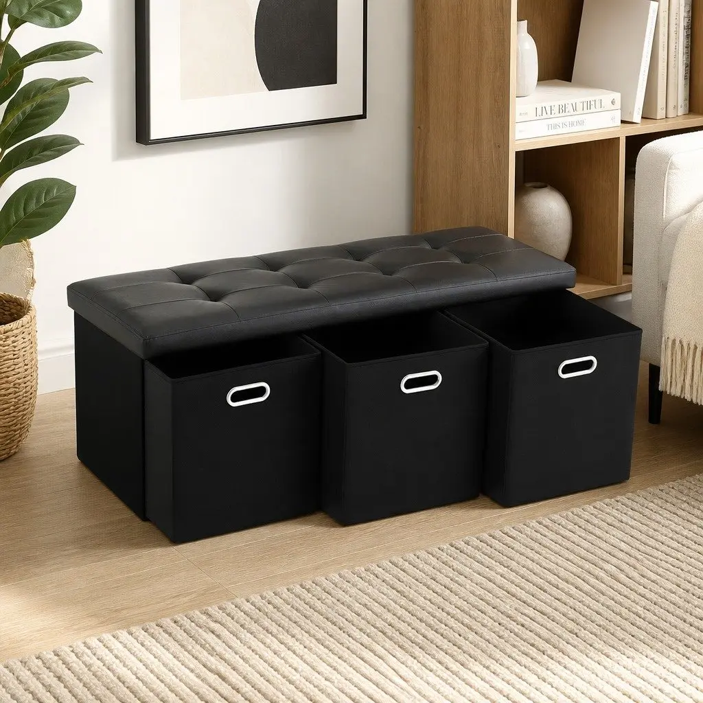 Storage Ottoman Footstool Black Foldable Seat Rest with 3 Cube Drawers