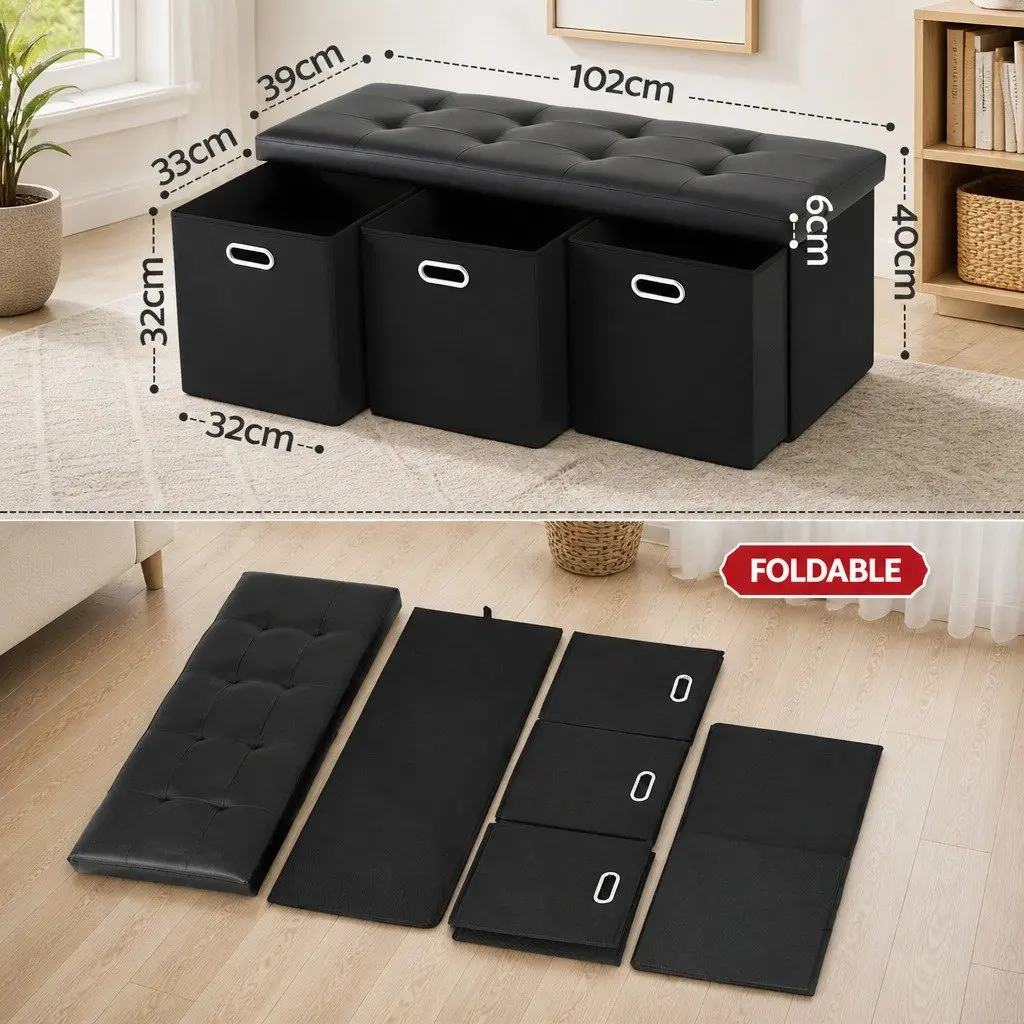 Storage Ottoman Footstool Black Foldable Seat Rest with 3 Cube Drawers
