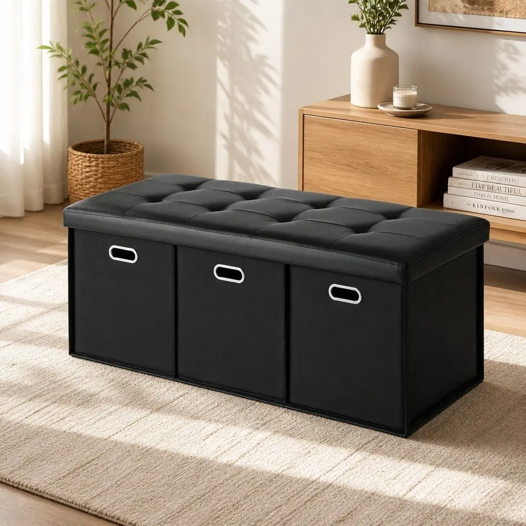 Storage Ottoman Footstool Black Foldable Seat Rest with 3 Cube Drawers