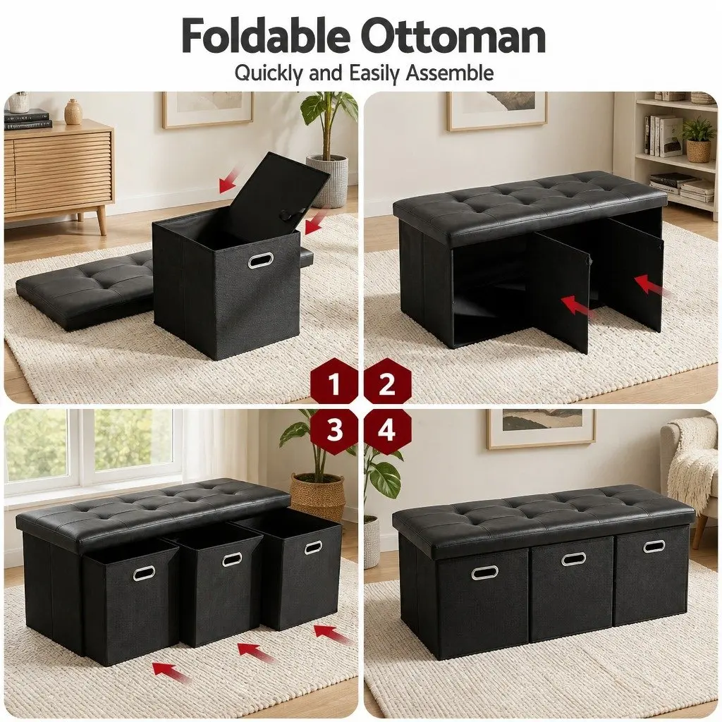 Storage Ottoman Footstool Black Foldable Seat Rest with 3 Cube Drawers