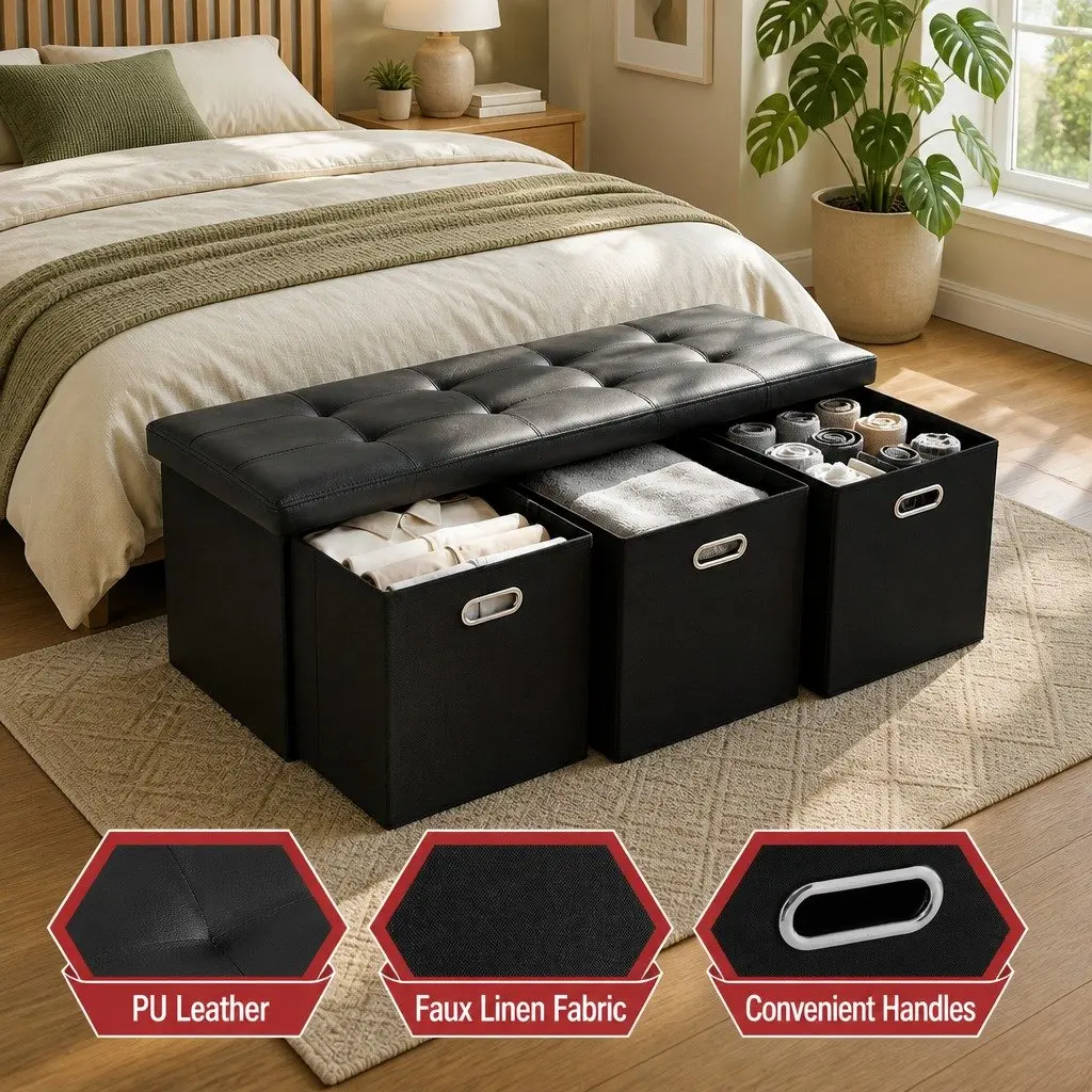 Storage Ottoman Footstool Black Foldable Seat Rest with 3 Cube Drawers
