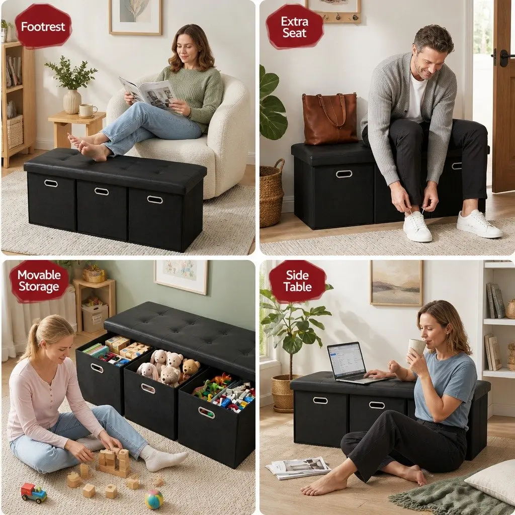 Storage Ottoman Footstool Black Foldable Seat Rest with 3 Cube Drawers