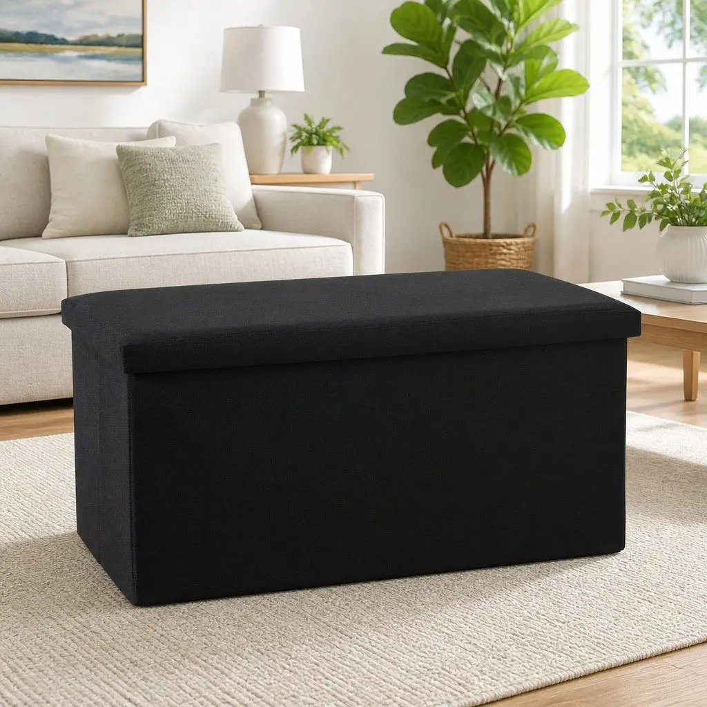 Storage Ottoman Black Folding Footstool with Reversible Tray Top and Hidden Storage