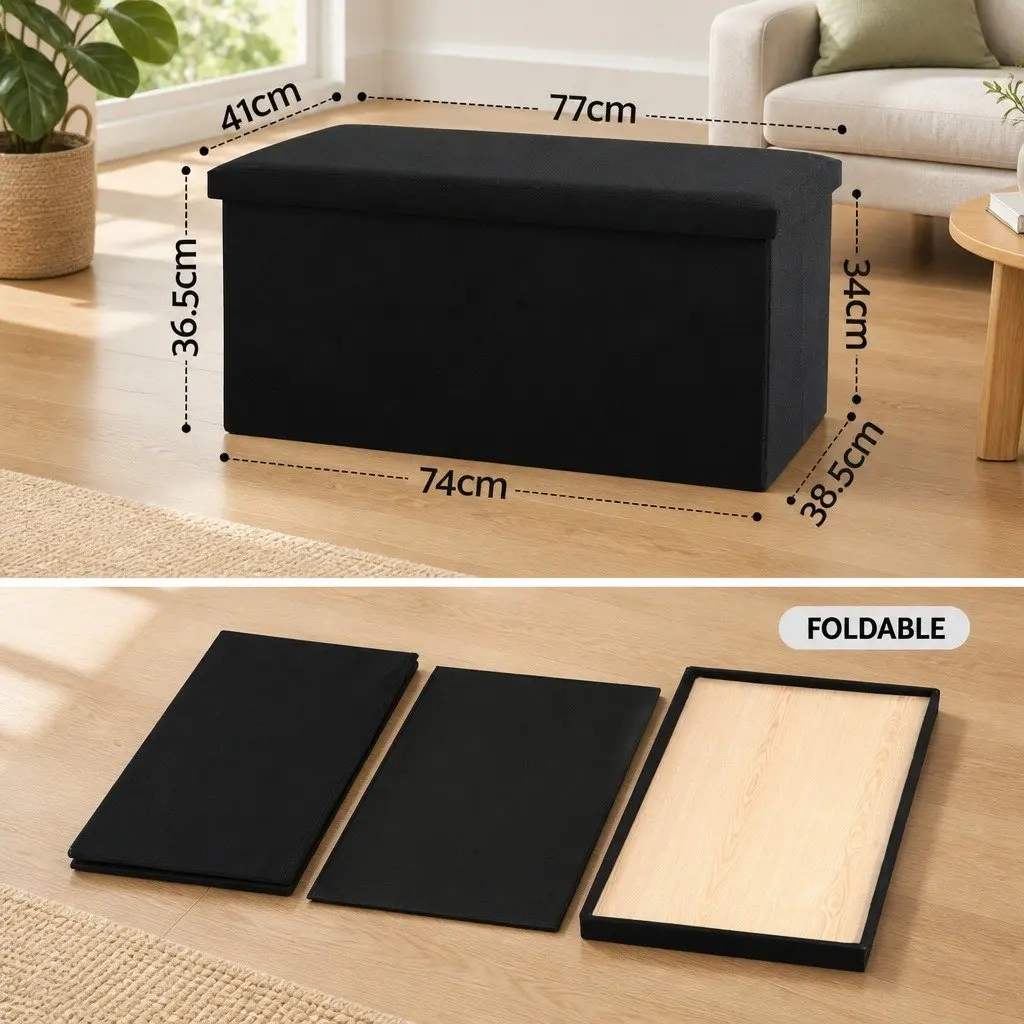 Storage Ottoman Black Folding Footstool with Reversible Tray Top and Hidden Storage