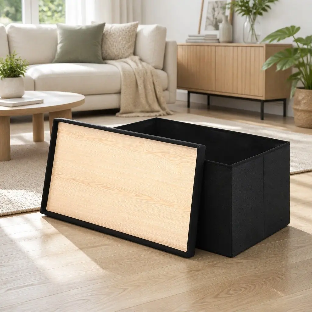 Storage Ottoman Black Folding Footstool with Reversible Tray Top and Hidden Storage