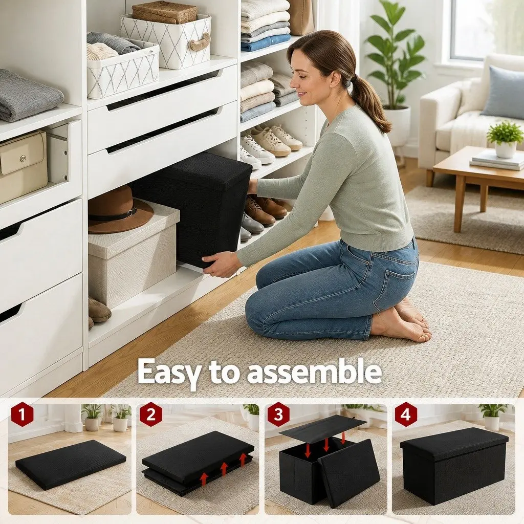 Storage Ottoman Black Folding Footstool with Reversible Tray Top and Hidden Storage