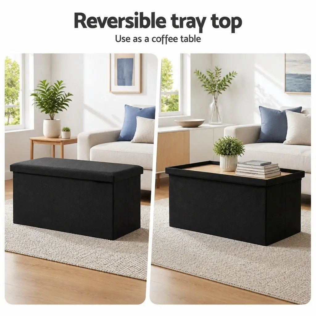 Storage Ottoman Black Folding Footstool with Reversible Tray Top and Hidden Storage