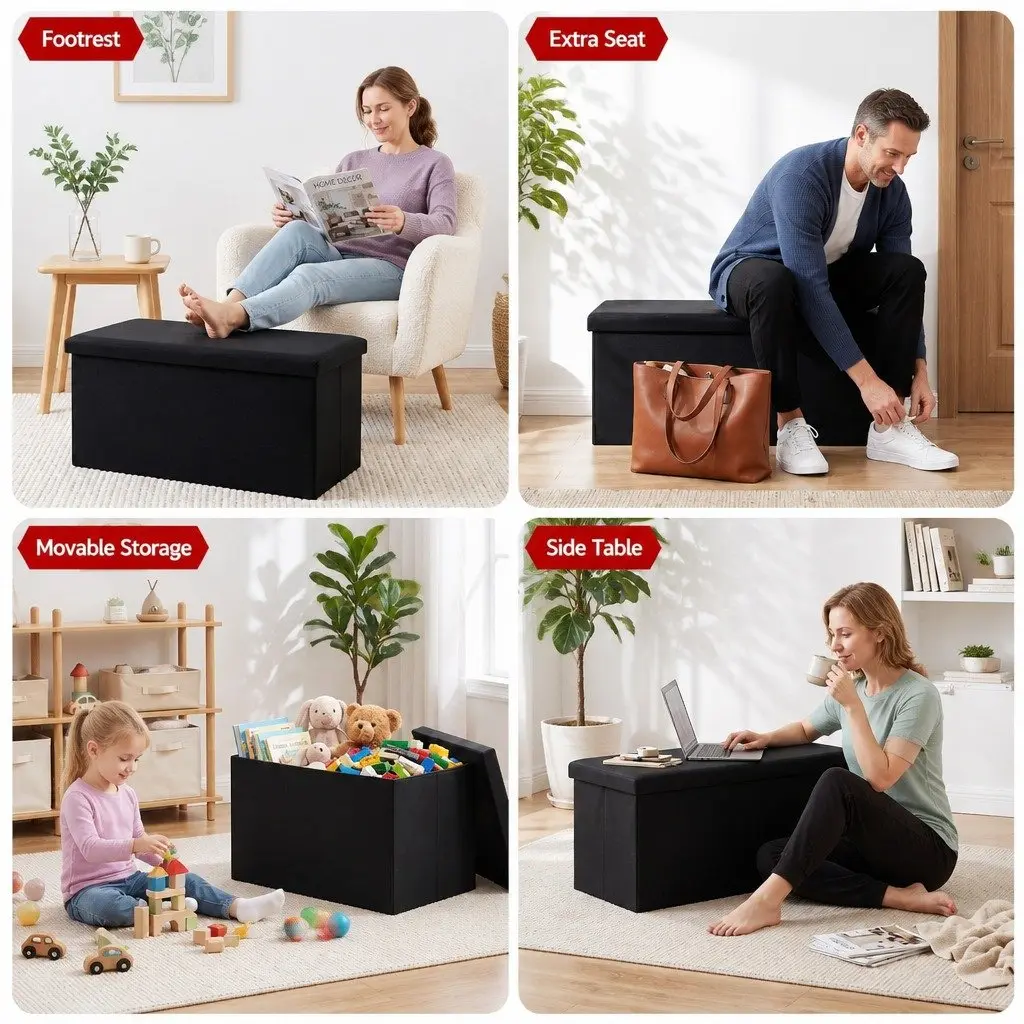 Storage Ottoman Black Folding Footstool with Reversible Tray Top and Hidden Storage