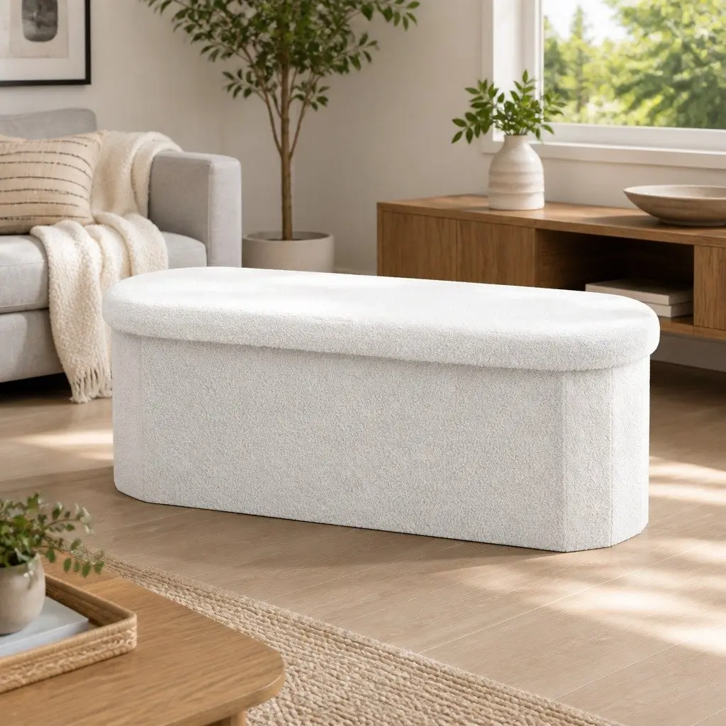 Storage Ottoman Foot Stool Foldable Boucle Fabric White Living Room Bedroom