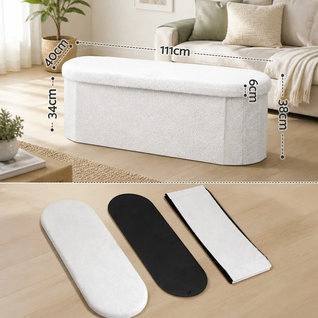 Storage Ottoman Foot Stool Foldable Boucle Fabric White Living Room Bedroom