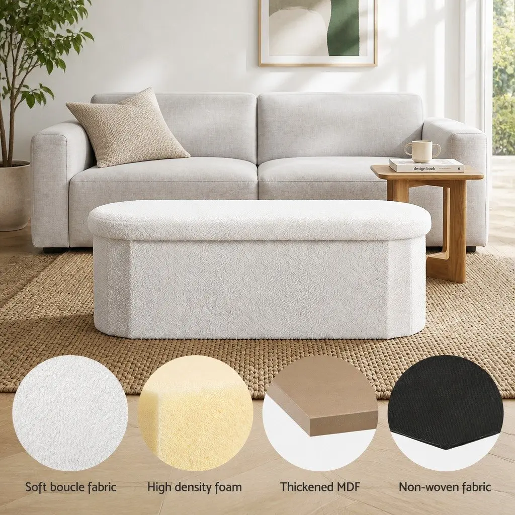 Storage Ottoman Foot Stool Foldable Boucle Fabric White Living Room Bedroom