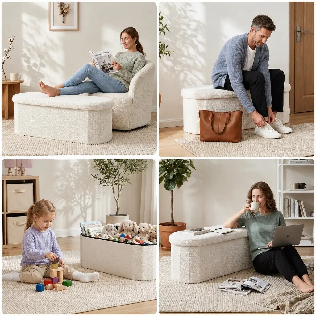 Storage Ottoman Foot Stool Foldable Boucle Fabric White Living Room Bedroom