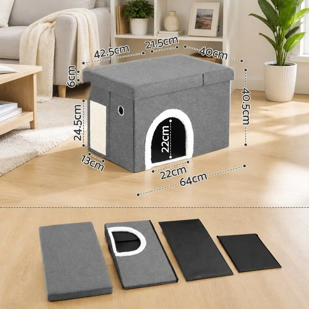 Storage Ottoman Grey 64cm Foldable Cat Litter Box Enclosure with Scratch Pad