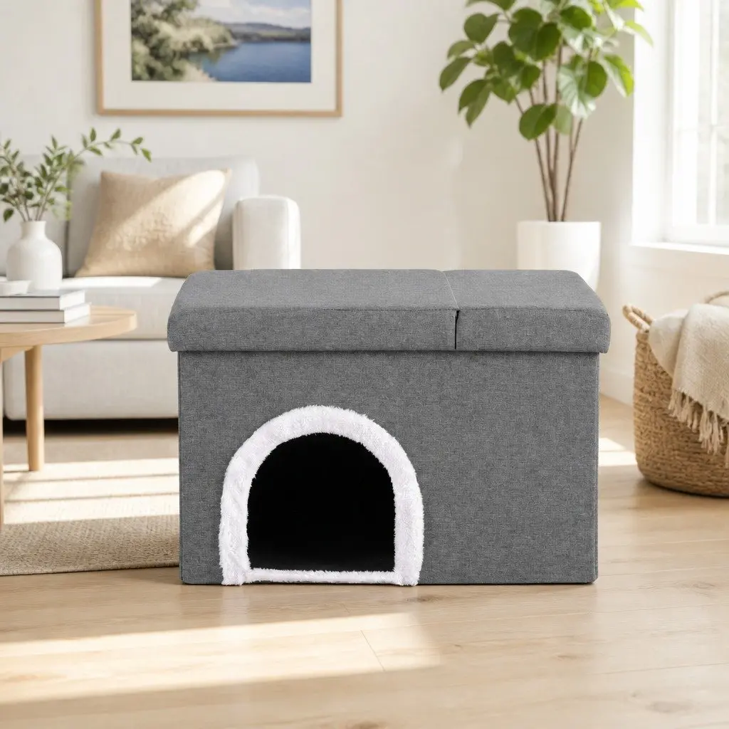 Storage Ottoman Grey 64cm Foldable Cat Litter Box Enclosure with Scratch Pad