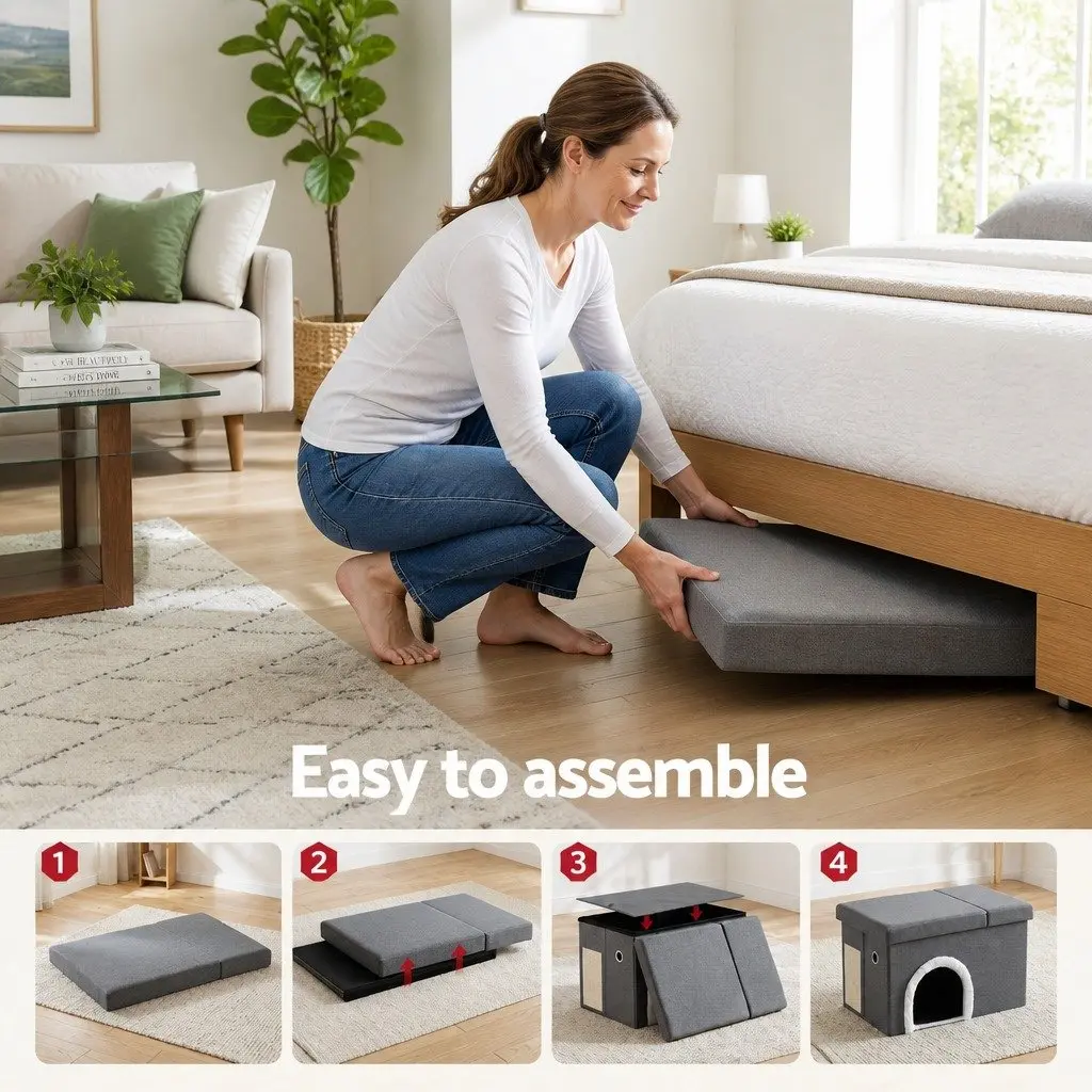 Storage Ottoman Grey 64cm Foldable Cat Litter Box Enclosure with Scratch Pad