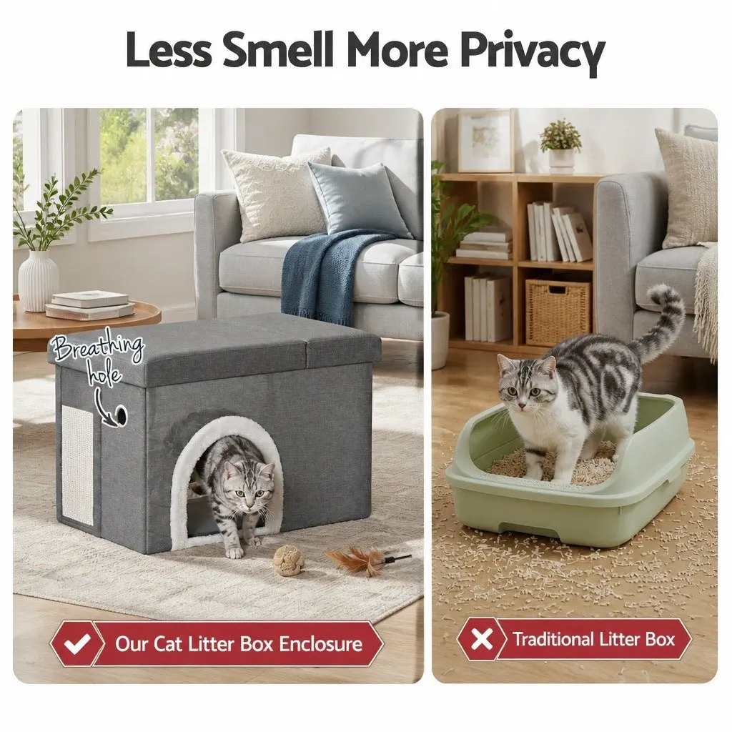 Storage Ottoman Grey 64cm Foldable Cat Litter Box Enclosure with Scratch Pad