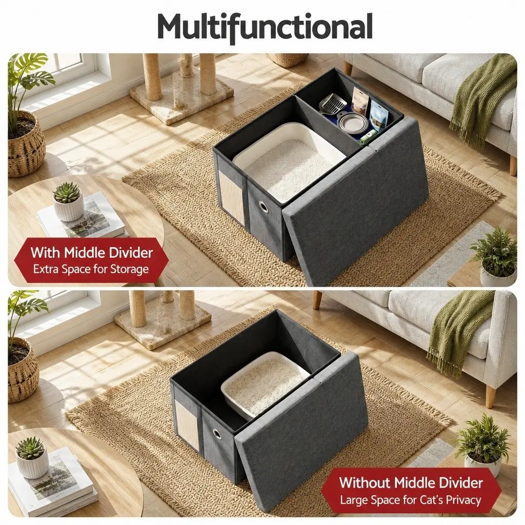 Storage Ottoman Grey 64cm Foldable Cat Litter Box Enclosure with Scratch Pad
