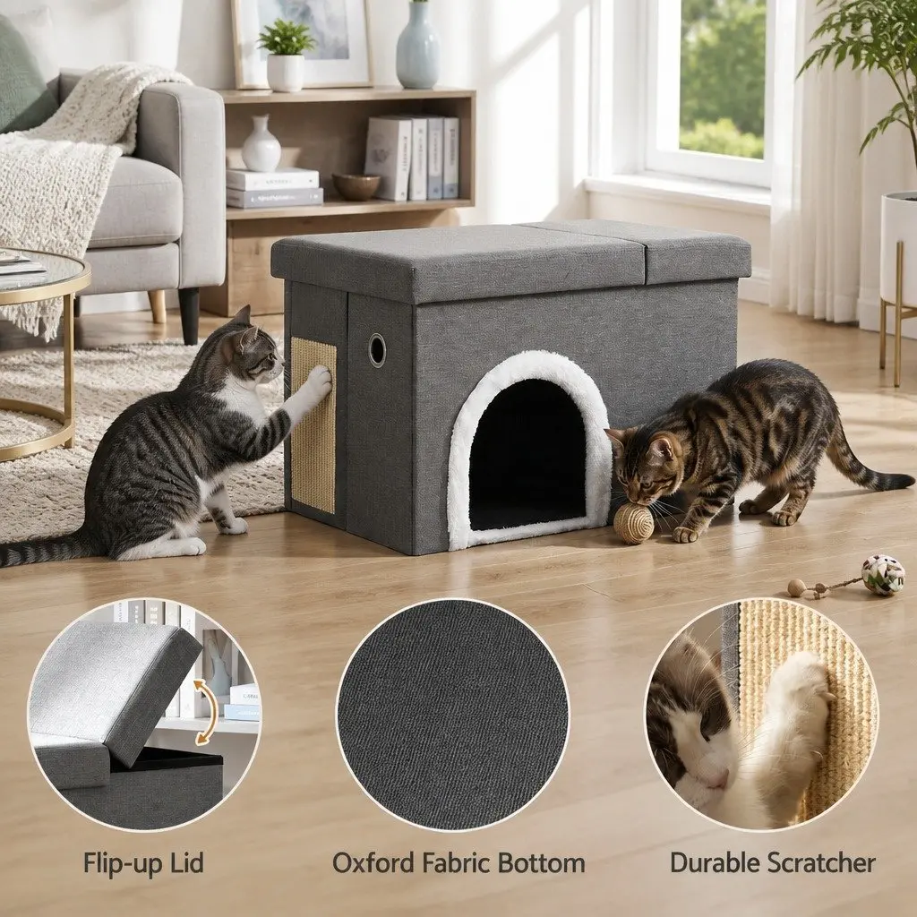 Storage Ottoman Grey 64cm Foldable Cat Litter Box Enclosure with Scratch Pad