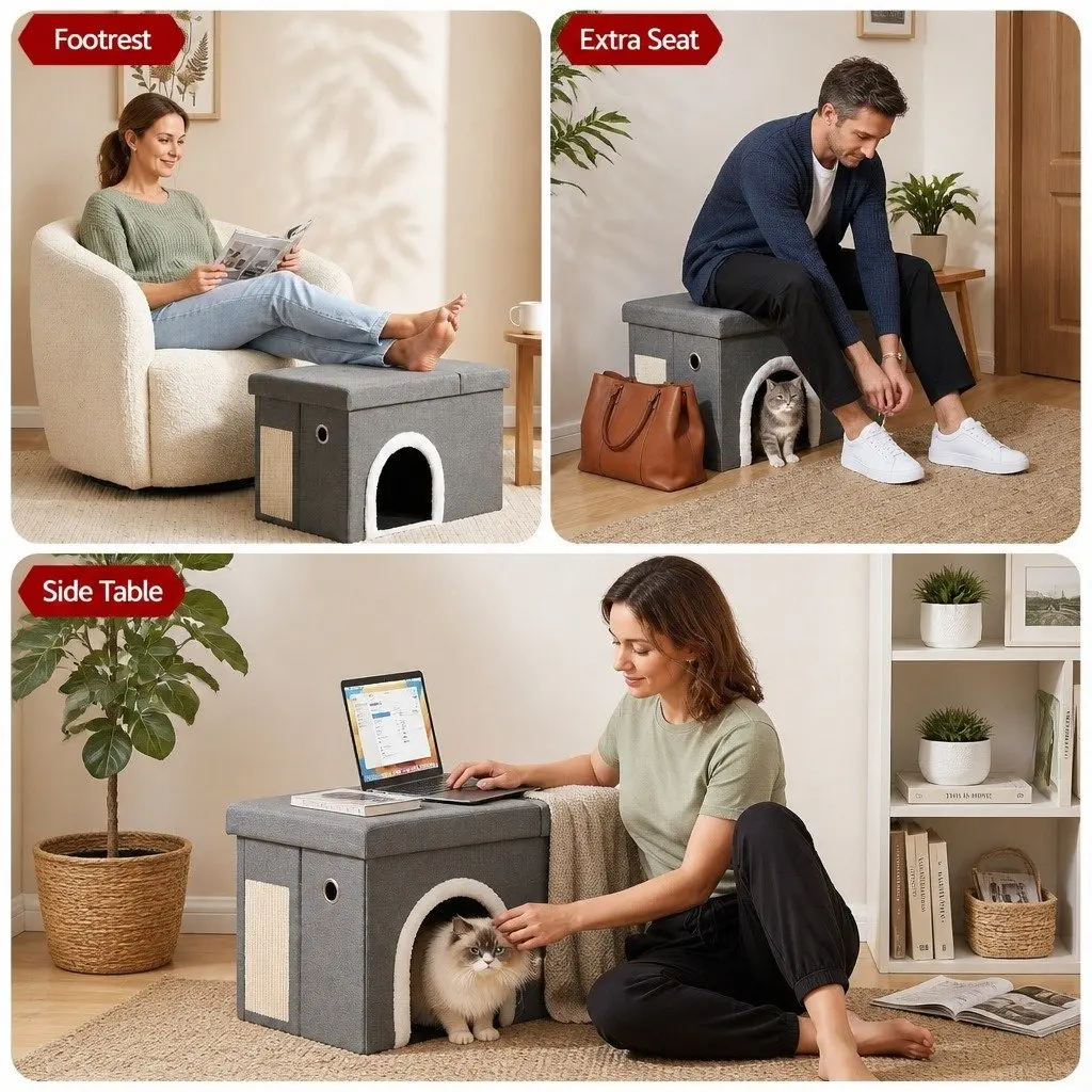 Storage Ottoman Grey 64cm Foldable Cat Litter Box Enclosure with Scratch Pad