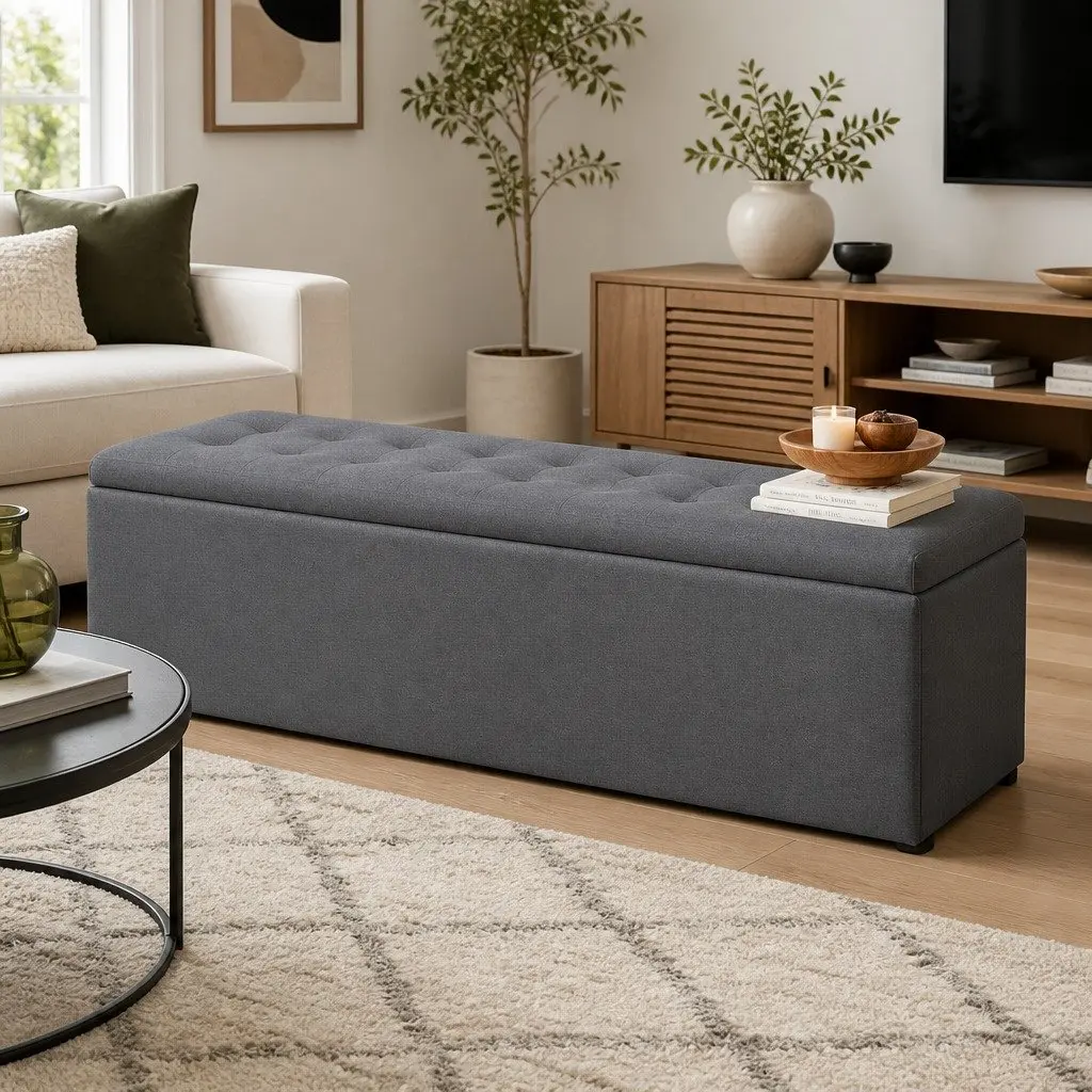 Storage Ottoman Dark Grey 140cm Lift-Up Lid Multifunctional Seating