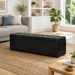 Compact and Sturdy Black Faux Leather Storage Ottoman