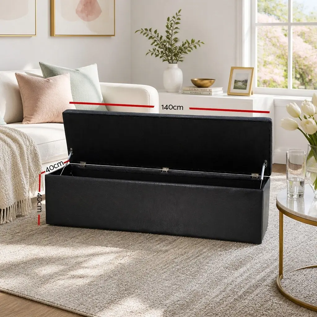 Storage Ottoman Black 140cm Lift-Up Lid Faux Leather Footstool