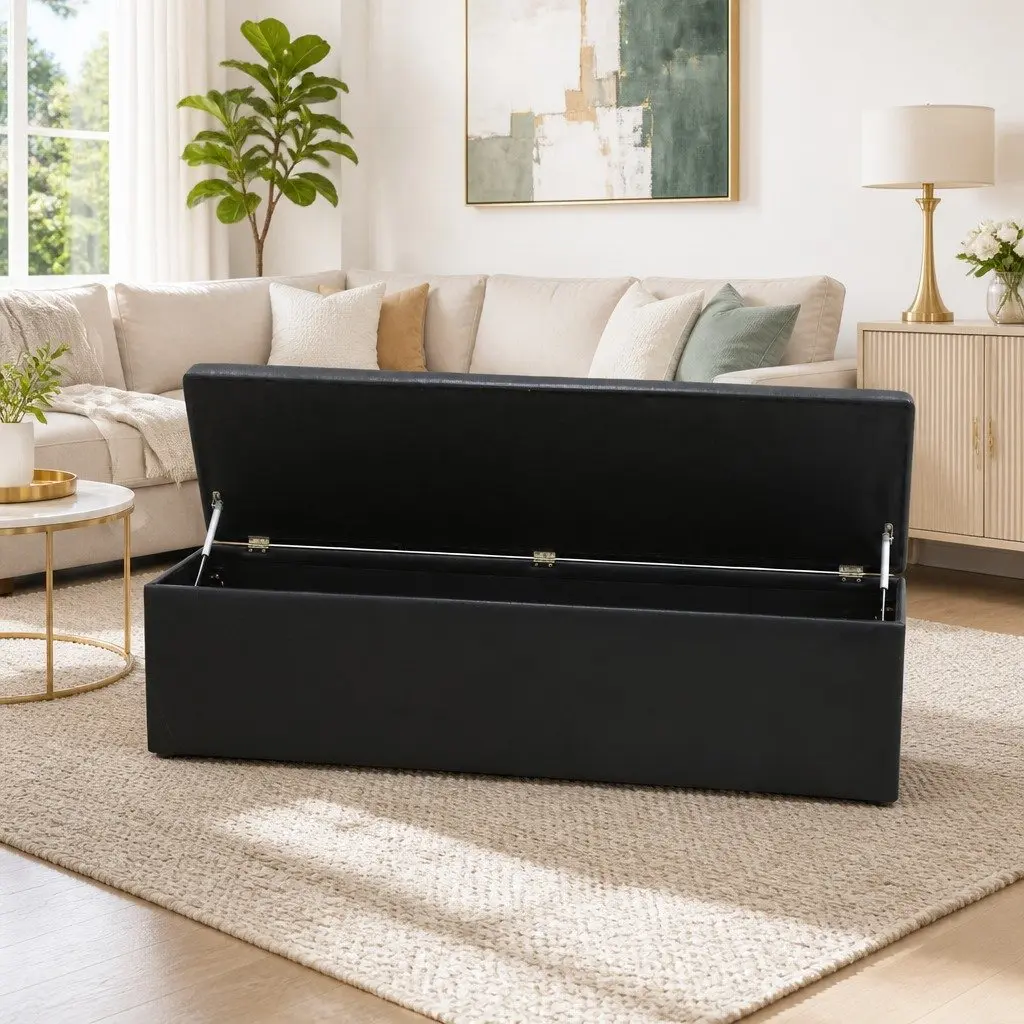 Storage Ottoman Black 140cm Lift-Up Lid Faux Leather Footstool