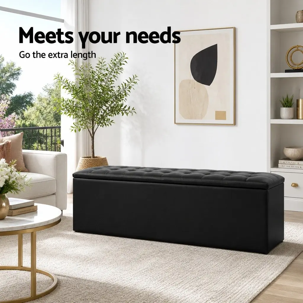 Storage Ottoman Black 140cm Lift-Up Lid Faux Leather Footstool