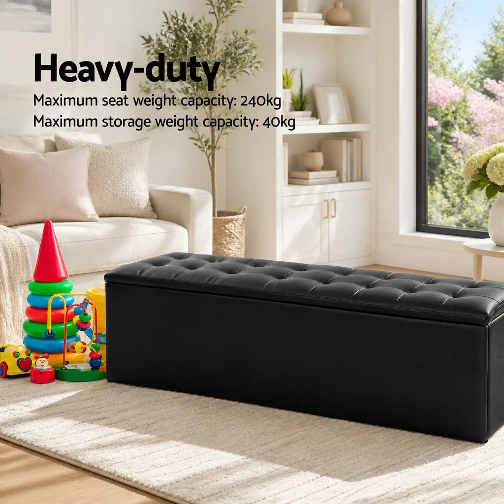Storage Ottoman Black 140cm Lift-Up Lid Faux Leather Footstool