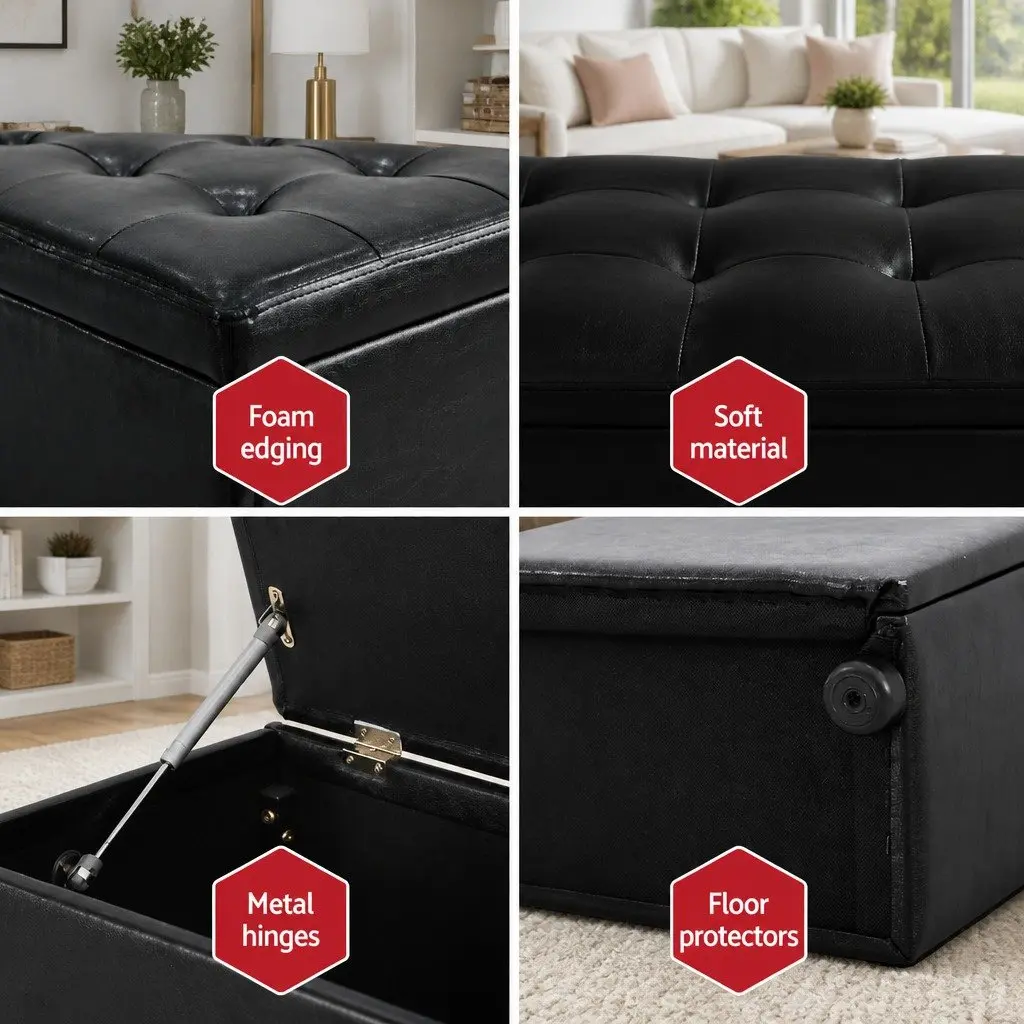 Storage Ottoman Black 140cm Lift-Up Lid Faux Leather Footstool