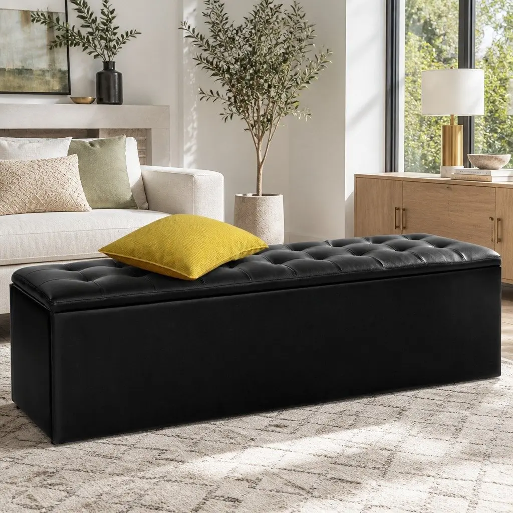 Storage Ottoman Black 140cm Lift-Up Lid Faux Leather Footstool