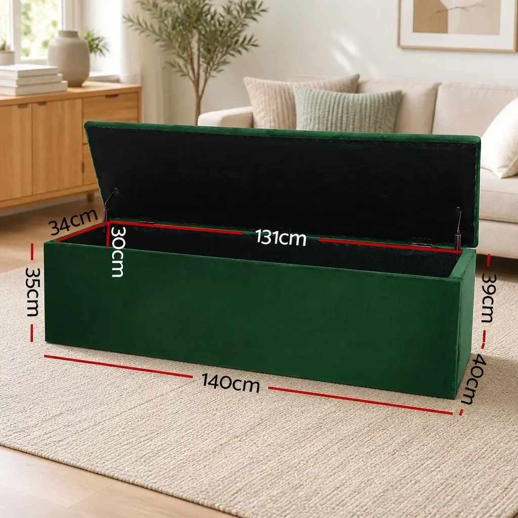 Green Velvet Storage Ottoman 140cm Lift-Up Lid Footstool Seat for Living Room and Bedroom