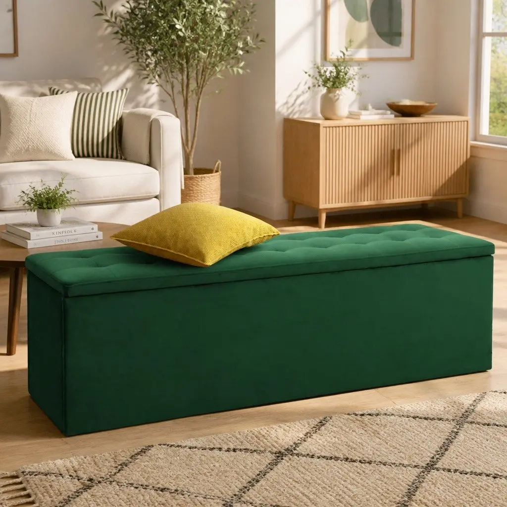 Green Velvet Storage Ottoman 140cm Lift-Up Lid Footstool Seat for Living Room and Bedroom