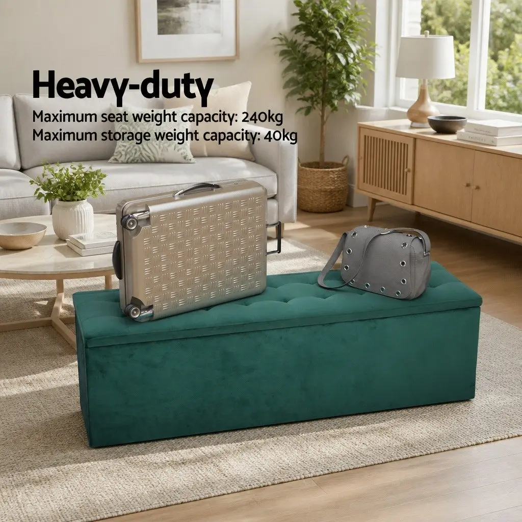 Green Velvet Storage Ottoman 140cm Lift-Up Lid Footstool Seat for Living Room and Bedroom